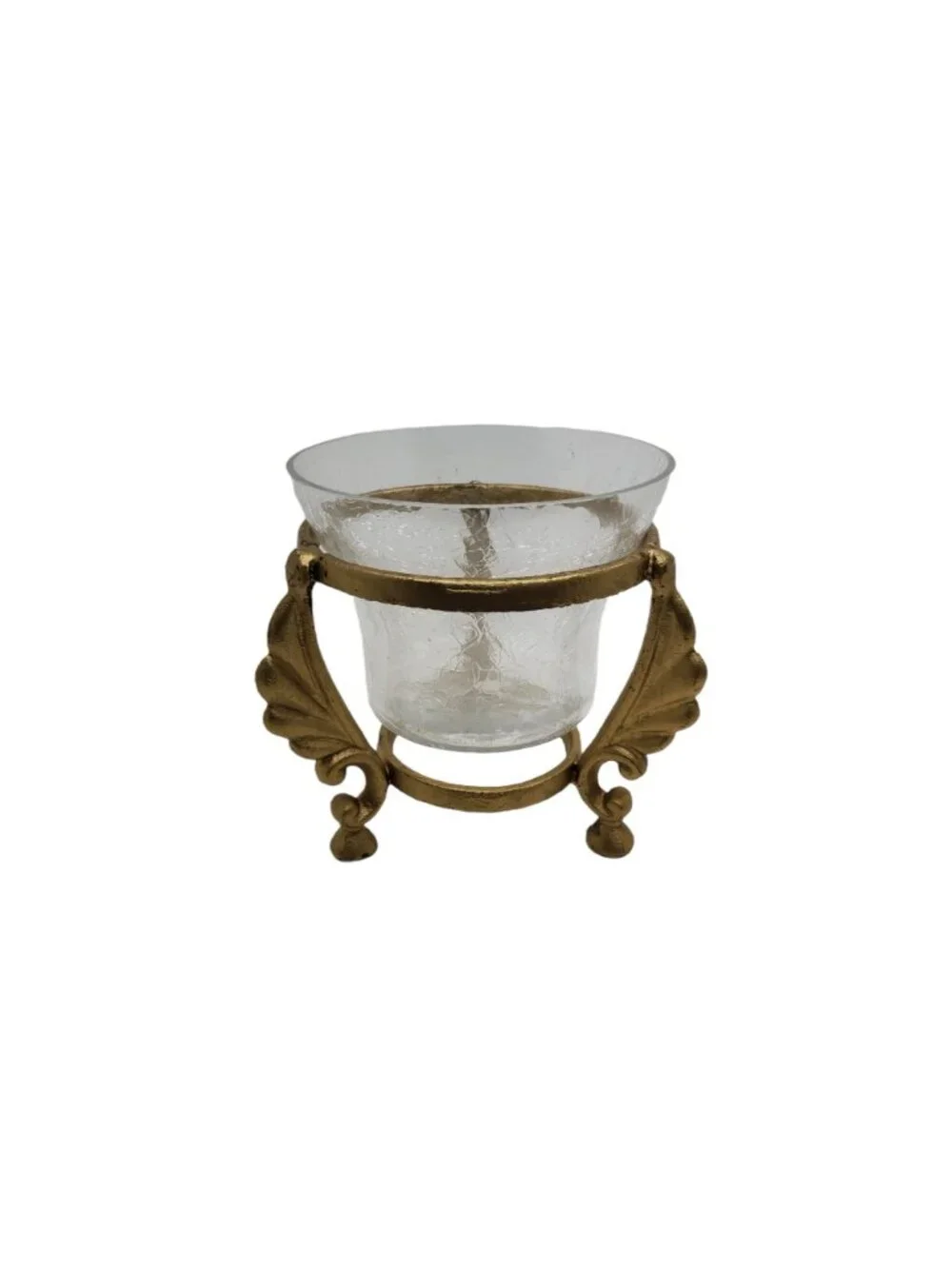 vintage gold color metal leaf design 3-leg crackled glass candle holder. 5.5